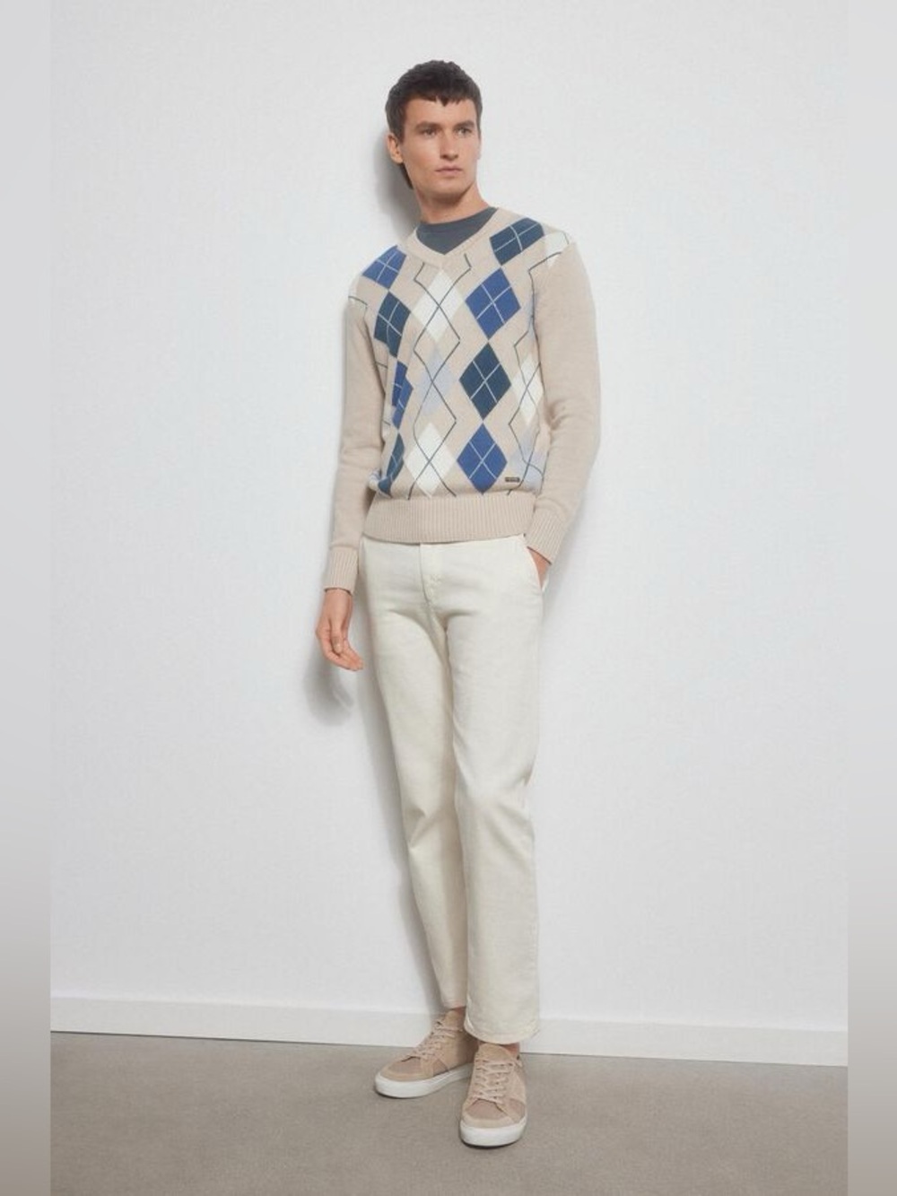 pedro del hierro argyle cotton v neck sweater preppy designer